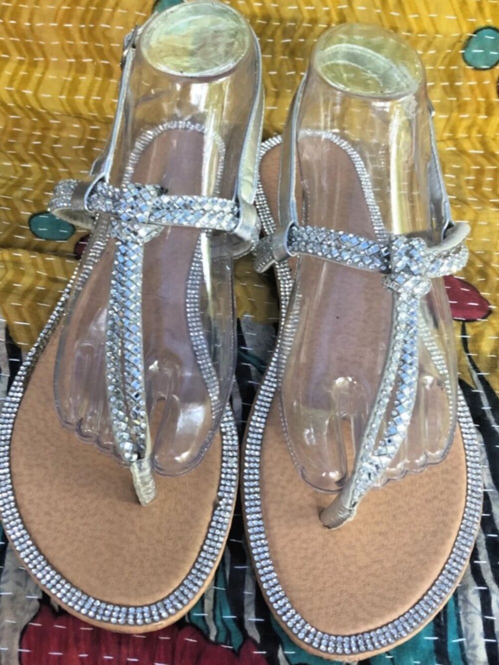 Glaze Silver Rhinestone T-Strap Thong Sandals Beige Footbed Slingback Size 11